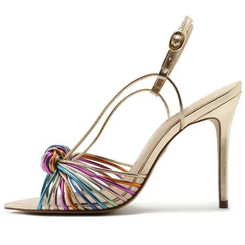 Plus Size Elegant Rainbow Knot Women Shoes Pointed Toe Ankle Strap Stiletto Ladies High Heel Dress Sandals