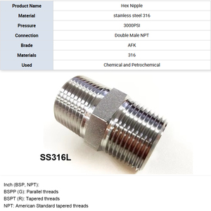 1/8 "1/4" 3/8 "1/2" 3/4 "1" đôi nam NPT thép không gỉ 316 núm vú phù hợp kết nối cho dầu nước và khí đốt - Product Image 2