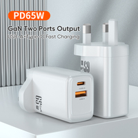 Chargeur mural GaN 65W avec prise US EU UK |   Adaptateur secteur de voyage à charge rapide double port USB-A et USB-C PD65W