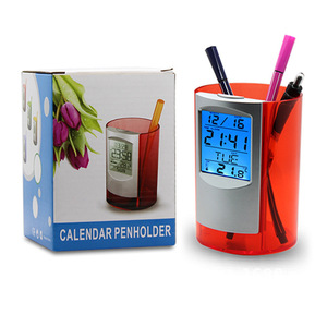 Haonan Office Supplies Store Pen Holder Electronic Clock Round Transparent With Calendar Temperature Display For Desk Storage - Product Image 2