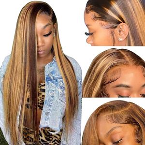 Cency P4/27 Blond Miel Mèches Blanches Lisses Perruque Lace Front Transparente HD Longue Cheveux Humains Vierges 12A pour Lace - Product Image 3