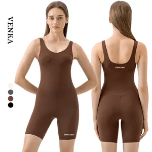 2024 New Sleeveless Comfortable Nylon Spandex Training Bodysuits V Neck One Piece Tank Top Shorts Women Yoga Workout Jumpsuits