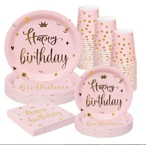 Happy Birthday Set Peralatan Makan Piring Kertas Sekali Pakai untuk Perlengkapan Dekorasi Pesta Ulang Tahun