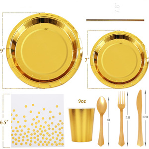 Ensemble de vaisselle jetable en papier à pois de forme ronde en rose, noir et or pour les enfants et les fêtes du Nouvel An, décorations de table - Product Image 3