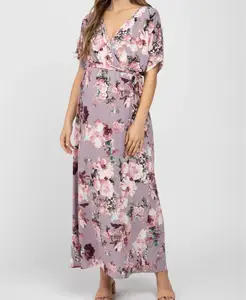 Бледно-лиловый цветочный платье для беременных сексуальное платье с v-образным воротом, одежда для кормления грудью беременности и родам платья-Макси платья для беременных платье