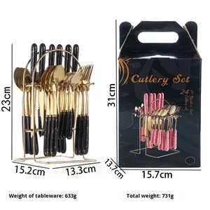 Ensemble de couverts en acier inoxydable couteau fourchette cuillère style nordique luxe léger rétro 24 pièces motif <span class=keywords><strong>marbre</strong></span> cuillère à dessert pour - Product Image 5