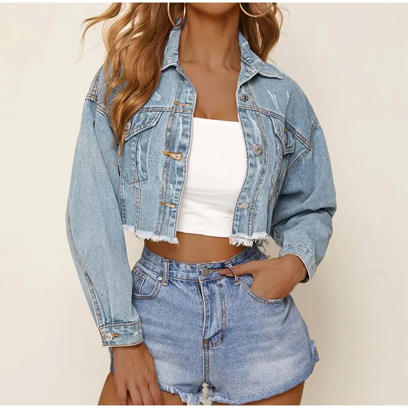 Autumn Women's Denim Cropped Jacket Female Pockets Hole Short Jean Jackets Ladies 2021 New Fashion Button Casual Solid Coats