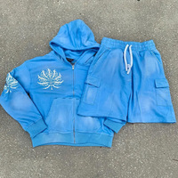 Ensemble coordonné deux pièces décontracté grande taille personnalisé, lavé, à séchage rapide, en coton uni, style sport, comprenant un sweat à capuche et un short, effet délavé à l'acide