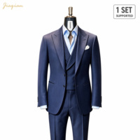 Traje de Negocios de Tres Piezas con Rayas Finas de Mezcla de Lana para Hombre |   Conjunto de Chaqueta, Chaleco y Pantalones con Solapas Puntiagudas Estilo Marinero |   OEM Disponible