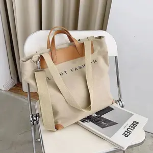 Tự nhiên Thêm lớn Canvas Tote Bag với logo in ấn cho mua sắm người phụ nữ mới vải Vai Túi vải da Tote Túi xách