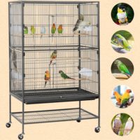 Grande cage à oiseaux à deux étages avec roulettes, étagère de rangement, perchoirs en acier forgé, emballage en boîte pour plusieurs petits perroquets