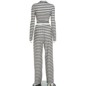 Trendy Damen bekleidung Gestreifte Langarm-Crop-Tops und Hose Zweiteiliges Jogger-Set 2-teiliges Set Trainings anzüge für Frauen - Product Image 6