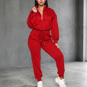Women Plus Size <b>Red</b> Tracksuit Hooded Full Sleeve Drawstring Casual Sweatpants Set Solid Color Autumn Wear - Product Image 3
