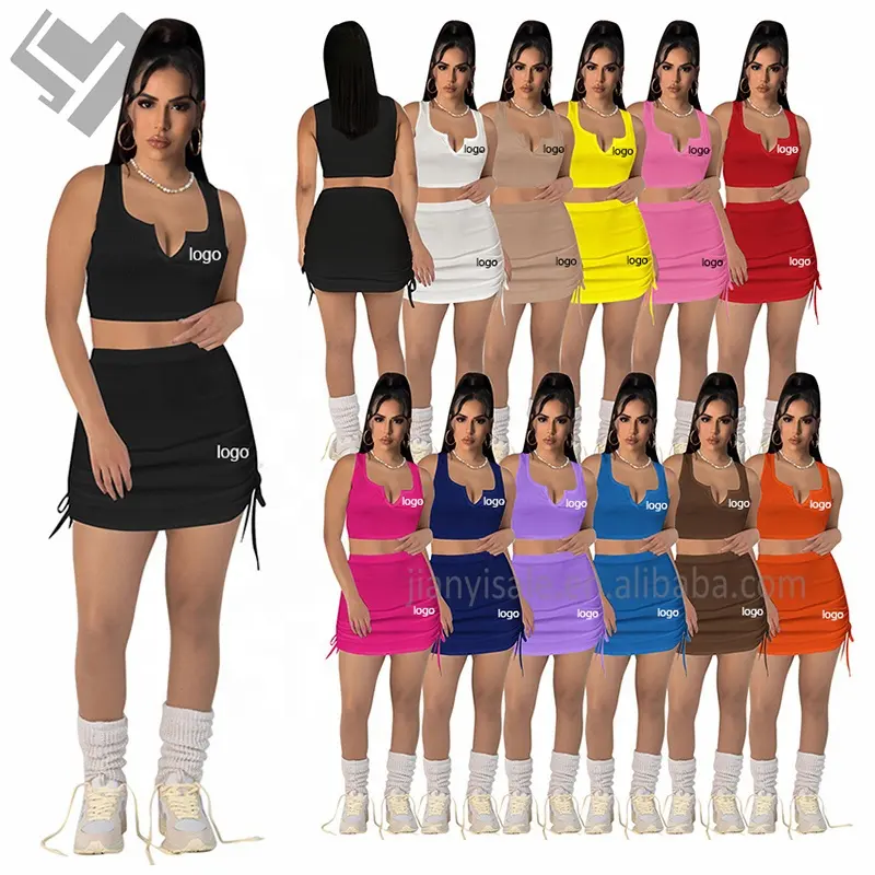 2023 नई आगमन गर्मियों डिजाइनर लोगो कपड़े फसल शीर्ष मिनी पोशाक सेट काटने का निशानवाला बुनना महिलाओं 2 दो टुकड़ा स्कर्ट सेट