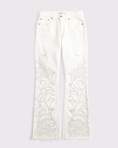 Jean évasé blanc personnalisé Leduo pour femme, motif strass, taille mi-haute, ourlet brut, coupe bootcut - Product Image 3