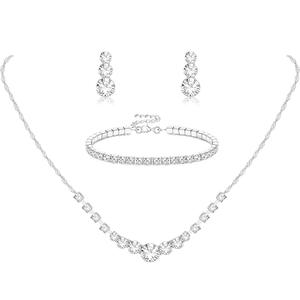 Kadın gümüş gelin düğün takısı Set Rhinestone kristal kolye damla küpe bağlantı bileklik bilezik gelinler için balo - Product Image 1