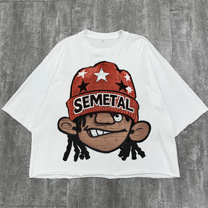 Camiseta de algodón 100% de alta calidad, estilo streetwear, blanca, con estampado, cuello redondo, diseño de diseñador, de gran gramaje y corte oversize. - Product Image 1