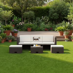 Brown And Cream Garden <b>Sofa</b> <b>Set</b> With Cushions Outdoor Furniture UV Resistant PE Rattan Contemporary Design Waterproof - Product Image 2