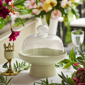 Plateau à gâteau en céramique à <span class=keywords><strong>pied</strong></span> avec dôme en verre, design moderne en relief - Product Image 3