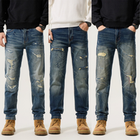 Jeans Homme Tendance Déchirés avec Coussinets, Style Vintage High Street, Luxe Léger, Coupe Droite, Vente en Gros OEM ODM