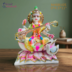 รูปปั้นฝ่่นหินอ่อน saraswati | งานฝีมือดีไซน์แบบดั้งเดิมเทพธิดา saraswati ไอดอลกับ veena สำหรับตกแต่งบ้านและของขวัญ - Product Image 2