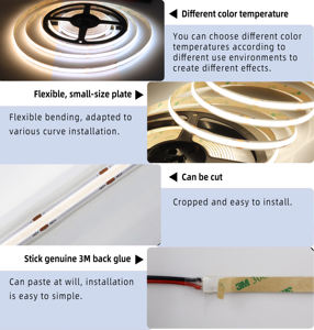 Ruban LED flexible COB DC24V, blanc chaud dimmable, USB, étanche IP44, garantie 3 ans pour chambre, salon, étagère - Product Image 2