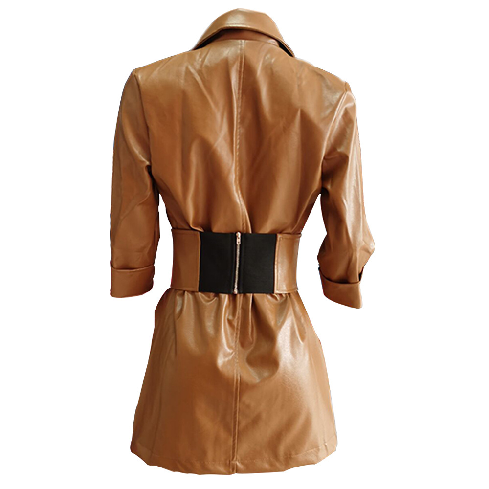 Autumn and Winter New Style Solid Color Pu Leather Suit Turn-down Collar Ladies  Dress Leather with Belt| Alibaba.com