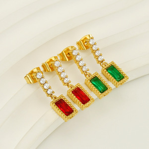 ZOGXIN Drop Earrings Gold Plated Red Green Zircon Pearl Dangle <b>Stud</b> Women's Jewelry Everyday Wear Geometric Design - Product Image 4