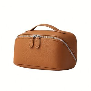 Bolsa de Maquillaje de Viaje de Cuero Genuino, Premium, Duradera, Portátil, de Gran Capacidad, con Cierre - Product Image 1