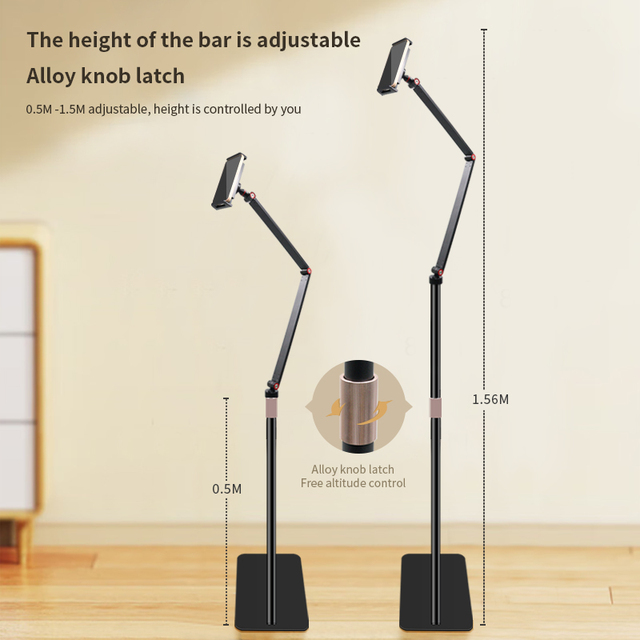Heavy Duty Aluminum Alloy Tablet Stand with Weighted Base 360 Rotating Telescopic Arm Floor Phone Holder for Office Commercial