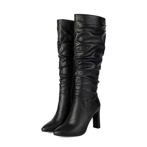 Women's <b>Knee</b>-<b>High</b> Genuine Leather Boots Pointed Toe Square Heel Pull On Fashion Boot Solid Color Drop Shipping - Product Image 1