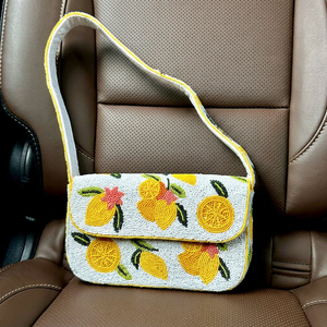 Bolso de Hombro Floral con Cuentas de Vidrio Hechas a Mano, Impresión Digital, Ribete Naranja, Forma Personalizada, Flores Rosas y Hojas Verdes - Product Image 1