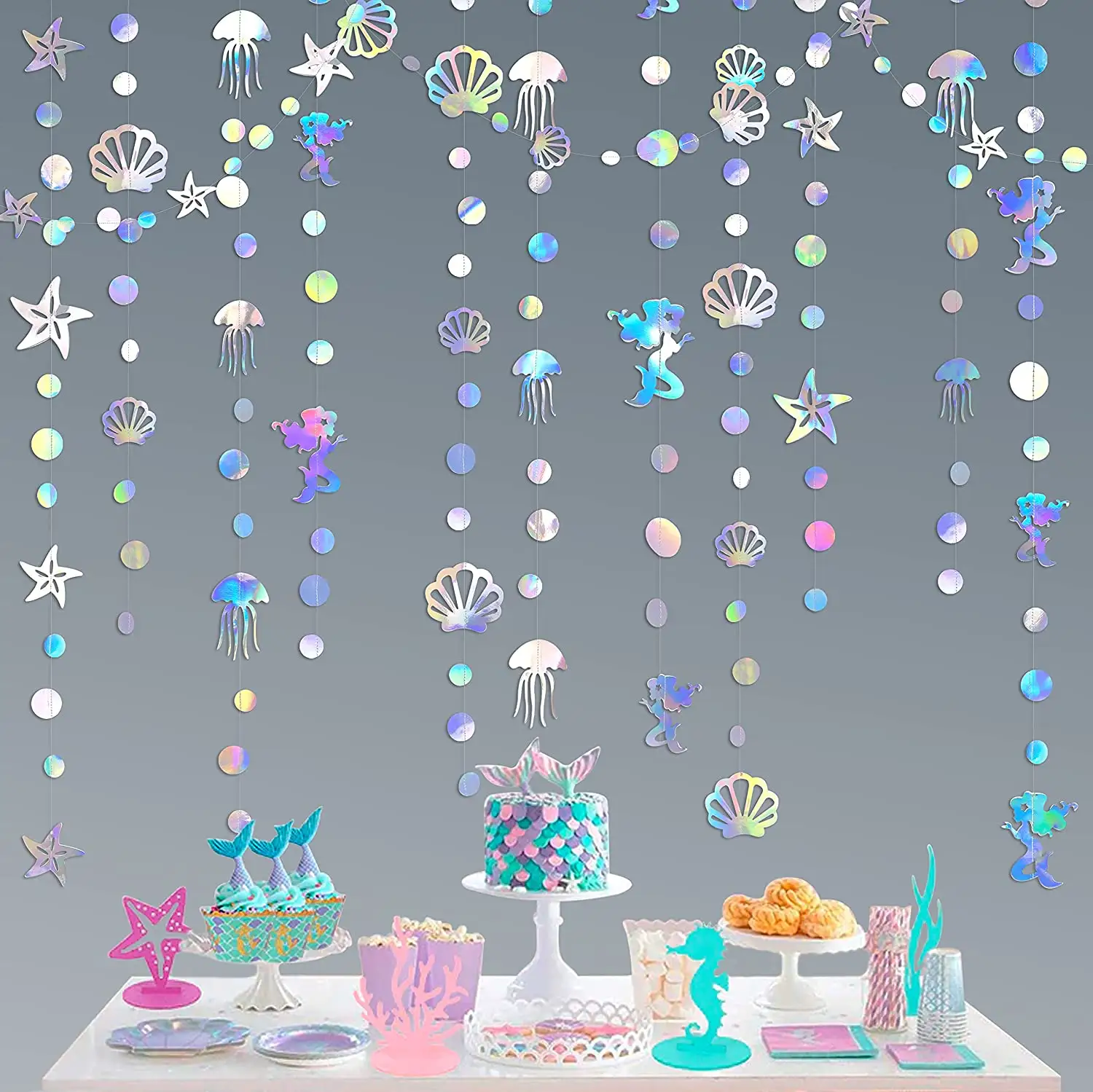 Garland with Jellyfish Seashell Starfish Pearl Holographic Paper Streamer Rainbow Theme Birthday Bachelorette Baby Shower Under