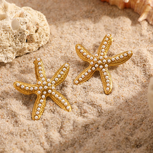 Boucles d'oreilles étoile de mer incrustées de perles, étoile à cinq branches, plaqué or 18 carats, sertissage clos, pour femme, bijoux tendance - Product Image 3