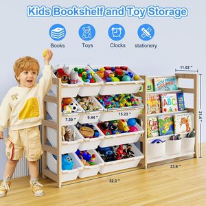 Organizador de Juguetes 2 en 1 con 4 Estantes para Libros y 12 Contenedores de Almacenamiento para Habitación Infantil, Sala de Juegos, Dormitorio, Guardería, Blanco - Product Image 3