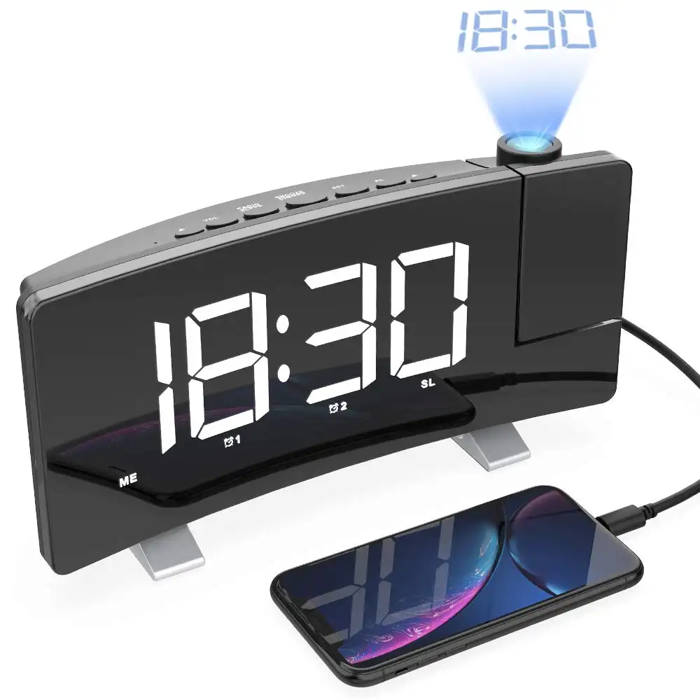2019 nueva proyección Digital de Metal de mesa de pared reloj de alarma con proyector LED y Radio