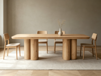 Table à manger rectangulaire FERLY moderne de style mid-century, avec piétement cylindrique, finition brossée, écologique, pour appartement et hôtel
