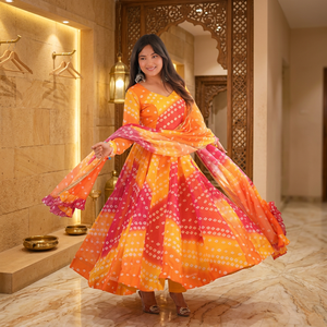 TENNECY Nuevo Vestido Largo Tradicional con Estampado Bhandhni para Fiesta de Bodas - Reversible, Sin Arrugas, de Secado Rápido, para Todas las Estaciones - Product Image 1
