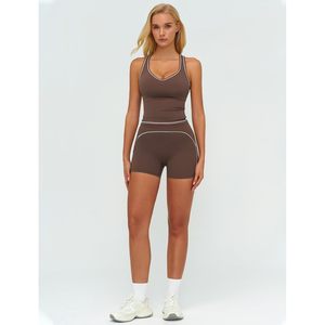 Two Piece Workout Set Women Racerback Tank <b>Top</b> High Waist Shorts Gym Yoga Outfit Contrast Binding Breathable Spandex Polyester - Product Image 5