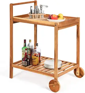 Acacia Hout Thee Serveren Winkelwagen, Patio Bar Winkelwagen Rolling Trolley Kar Met 2 Trays