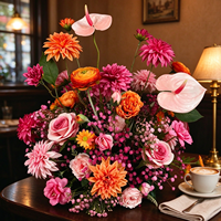 Susunan Bunga Artifisial Y-068 Pink Orange, Hiasan Meja Anthurium Dahlia Mawar Palsu untuk Dekorasi Pernikahan, Acara, dan Rumah