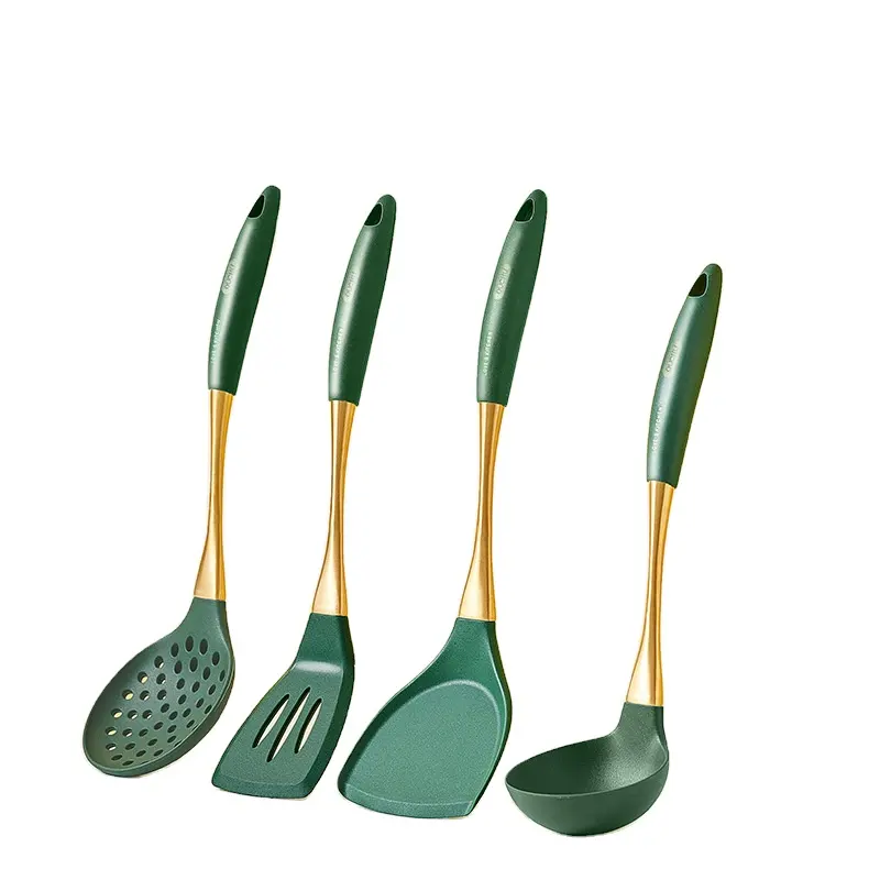 Food Grade Silicone Cooking Utensils With Stainless Steel Handle Kitchen Utensils Gold Green 4pcs Cooking Utensils