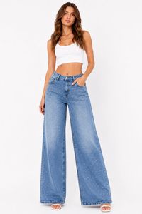 Jeans in Denim a Vita Alta e Gamba Larga con Stampa Glitterata, Vestibilità Comoda, Lunghezza Intera, Stile Casual, Blu Chiaro in Cotone - Product Image 1