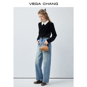 Calças <span class=keywords><strong>Jeans</strong></span> de Cintura Alta VEGA CHANG com Corte Curvo em Tecido Denim Macio, <span class=keywords><strong>Jeans</strong></span> Versáteis e Fluidos com Lavagem Vintage e Perna Larga - Product Image 2