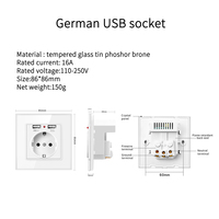 SIXWGH norme allemande 86 Style panneau de verre prise murale USB prise d'alimentation électronique avec double prise USB Max. Courant 16A