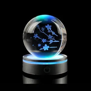 Beautiful Flower K9 Crystal Ball Engraving Cherry Blossom Ball With Round Led Base Souvenirs