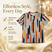 T-shirt pour homme en popeline 3D AOP avec motif, 100% polyester, gris, barres verticales brossées, séchage rapide, respirant, col rond, prêt à être expédié