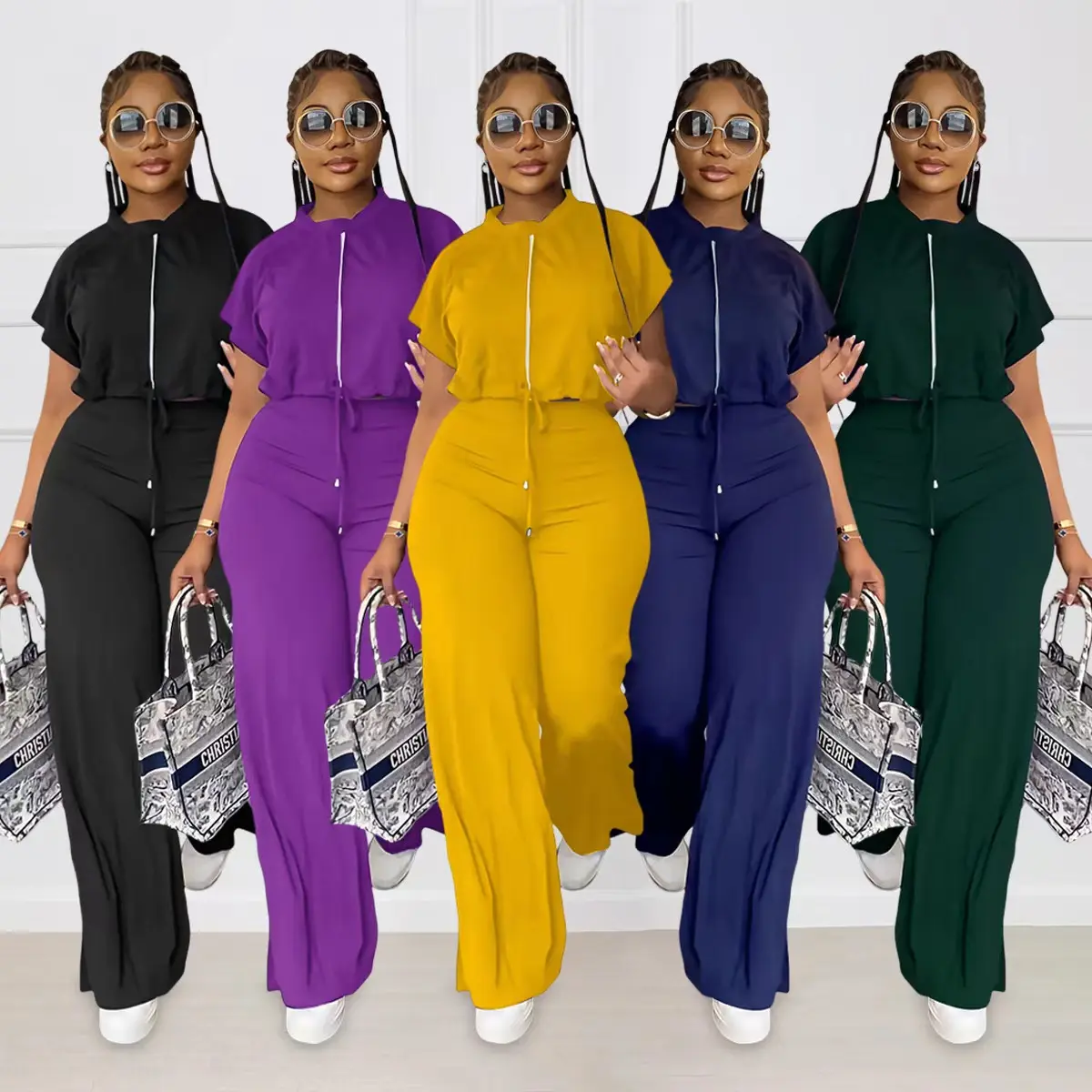 Conyson new arrival Summer lady Solid color Fashion custom logo loose clothes suit wholesale high waist pants Women Clothing set