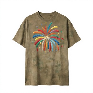 Camiseta de algodón de manga corta para hombre con patrón de fuegos artificiales arcoíris bordado a mano, cuello redondo, corte regular informal - Product Image 1