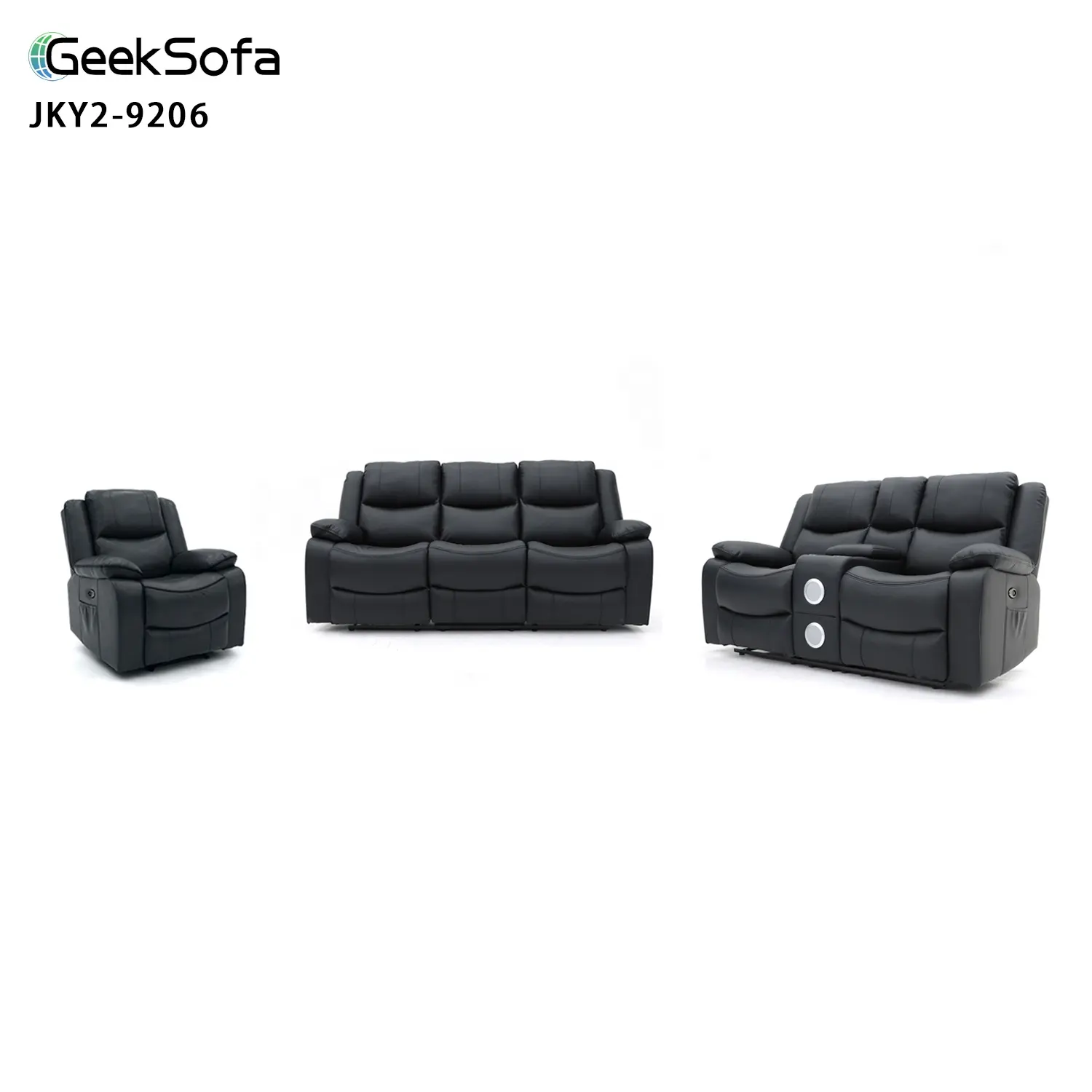 Geeksofa 3+2+1 Air-Leather Power-Electric-Motion-Sonnenlehne Sofa-Set mit Konsole und Bluetooth-Lautsprechern für Wohnzimmermöbel